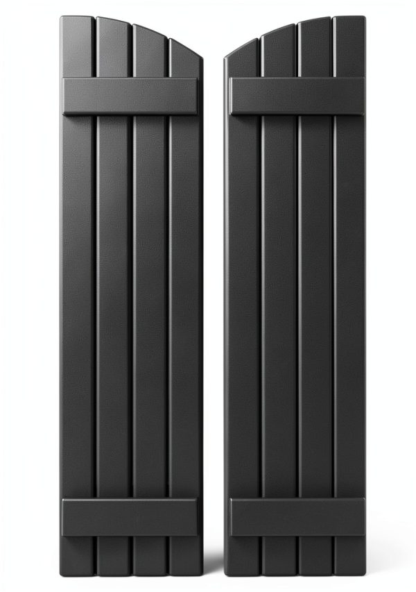 14"W x 60"H Americraft Four Board (2 Batten) Exterior Real Wood Joined Board-n-Batten Shutters w/Elliptical Top (Per Pair), Black-0